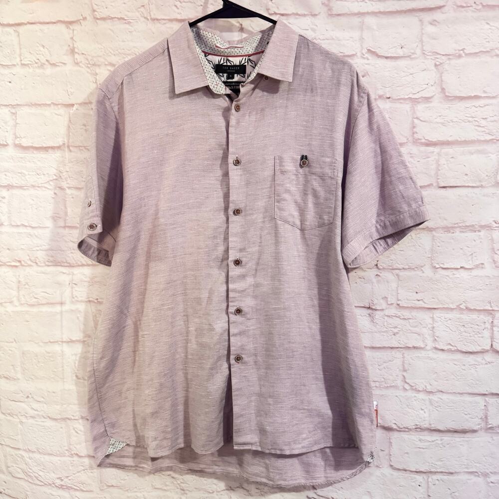 Ted Baker Palpin Cotton Linen Blend Button Up Short Sleeve Size 6/XXL In Purple
